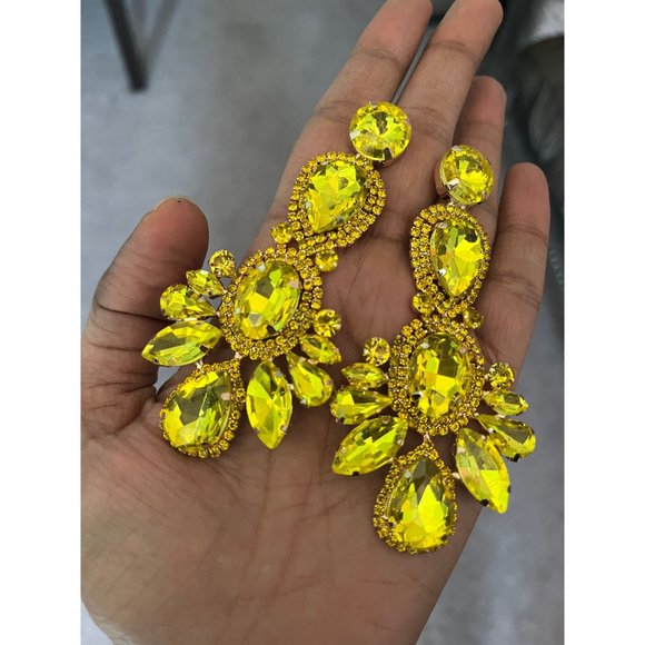 Big Yellow earrings large jonquil rhinestone crystal chandelier huge pierced - Picture 5 of 9